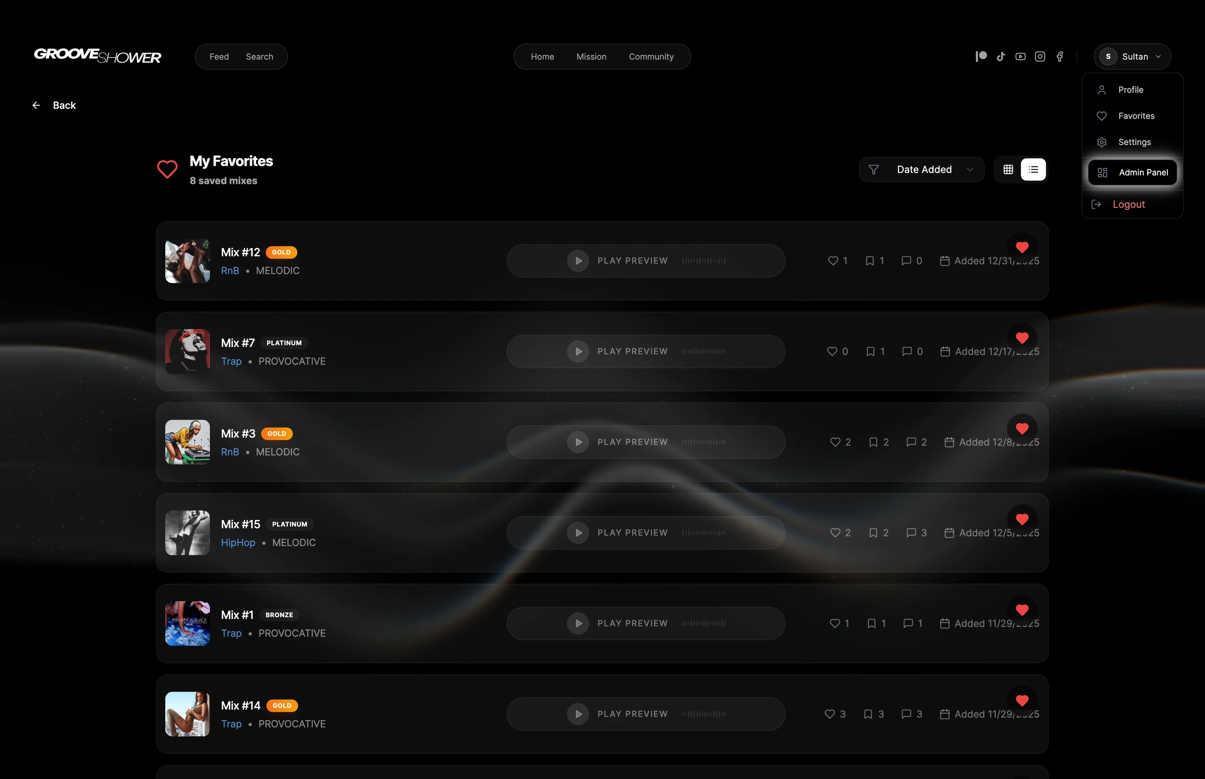 GrooveShower favorites list